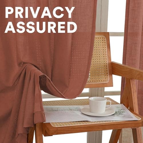 PrinceDeco Rust Semi Sheer Curtains 96 Inches Long 2 Panels Set for Bedroom,Back Tab and Rod Pocket Thick Linen Light Filtering Farmhouse Privacy Drapes for Living Room/Dining Room,Terra Cotta - Thumbnail 6