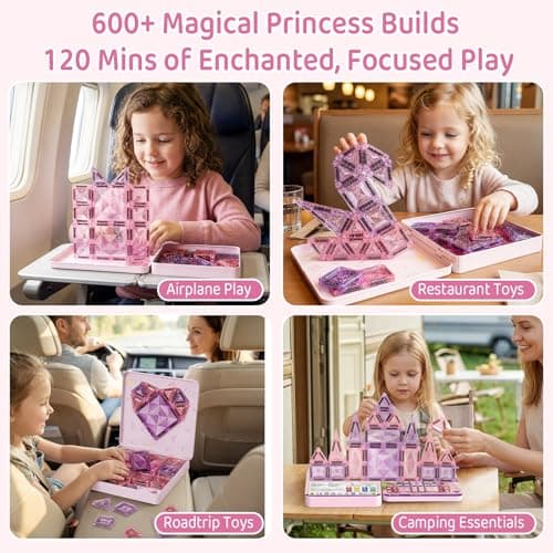 STEM MATCH Magnetic Tiles Girls Travel Toy: 42 PCS Pink Glitter Building Blocks Castle Tin Box - 120 Mins Quiet Play 60s Cleanup - Toddler Kids Gift Age 3 4 5 6 - Thumbnail 3