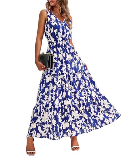 BTFBM Women Summer Dresses Casual Sleeveless Maxi Dresses Cute Floral Long Dress Wedding Guest Dress(Royal Blue Beige Flower,Large) - Image 1