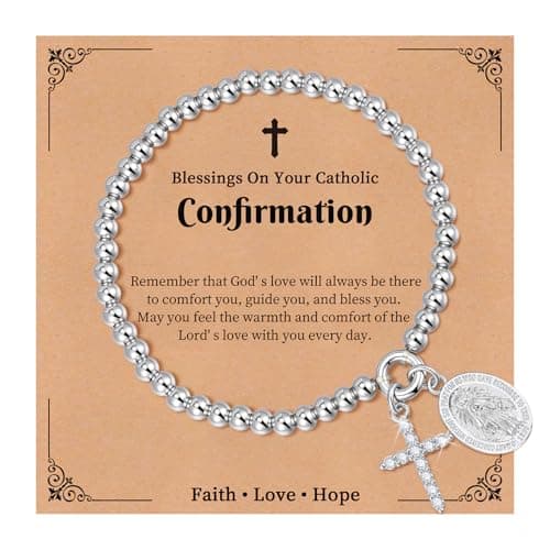 14K Gold Plated Bead Cross Bracelet, Virgin Mary Cross Bracelet for Women, Dainty Stretch Bead Bracelet, Religious Jewelry for Catholic Baptism Confirmation Easter Gifts(Catholic Confirmation-Silver) - Image 1