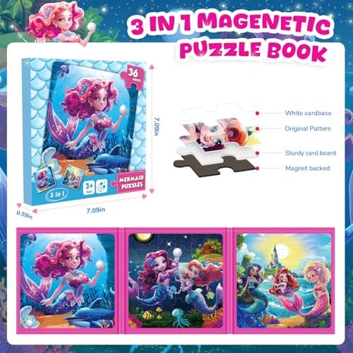 Magnetic Jigsaw Puzzles for Toddlers Kids 3-8 Girls,(3 36-Pieces) Travel Puzzles Toys for Kids Ages 4-6,Take-Along Car Airplane Road Trip Activities Game for 3 4 5 6 7 8 Year Old Birthday Gift,Mermaid - Thumbnail 2
