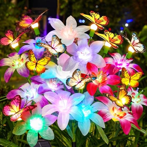 Garpar Solar Lights Outdoor Decorative, Upgraded 4 Pack Flowers with 16 Color Changing Lilies and 12 Butterflies, Brighter Waterproof Garden Decor for Yard Lawn Pathway, Mom Women Grandma Gift - Image 1