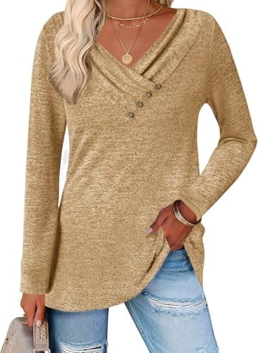 ALPSWARE Tunic Shirt Long Sleeve Basic Top V Neck Tunics Tshirt for Women 2025 Fall Yellow XL - Image 1