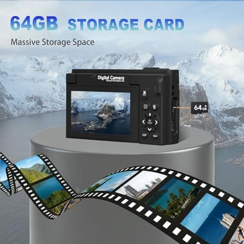 4K Digital Camera with Wide Angle Lens, 64MP WiFi Vlogging Camera with 180° Flip Screen, Point and Shoot Camera for Photography, Beginner YouTube Video Kit with 64GB SD Card - Thumbnail 3