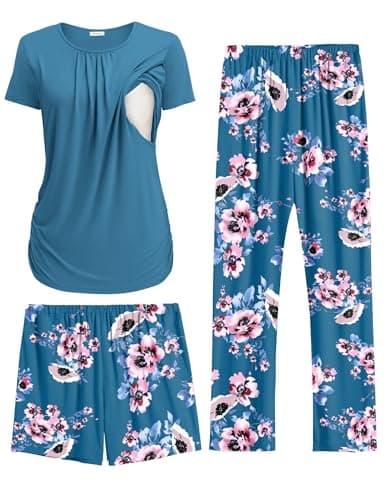 Ekouaer Maternity Nursing Pajamas Set Postpartum Lounge Breastfeeding Pjs Pregnancy Shorts & Pants Floral Teal XL - Image 1
