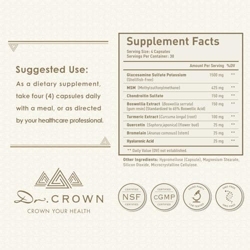 DR. CROWN Joints Health Suppplement, Glucosamine Chondroitin MSM - Joint Support Supplement for Women and Men with Turmeric, MSM &Boswellia, for Cartilage, Joint Health and Flexibility - 120 Capsules - Thumbnail 6