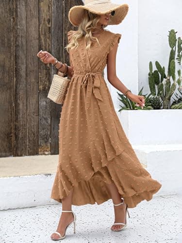 BTFBM Women V Neck Summer Dress 2025 Cap Sleeve Swiss Dot Boho Flowy Ruffle Slit Beach Party Long Maxi Cocktail Dresses(Khaki, Large) - Thumbnail 6