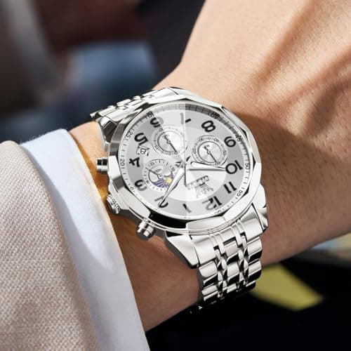 OLEVS Watch Men Silver Watch for Men Luxury Stainless Steel Big Face Dress Analog Quartz Simple Easy Read Mens Watches Moon Phase Chronograph Waterproof Luminous Men's Wrist Watches - Thumbnail 2