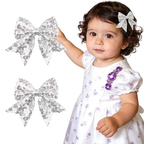 Silver Glitter Fable Hair Bows Alligator Hair Clips Hair Accessories for Baby Girls Toddlers Kids (3.5 inches in Pair） - Image 1