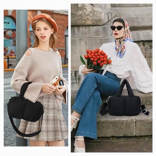 JHhomezeit Small Puffer Bag for Women, Crossbody Puffer Tote Bag Quilted Puffy Bags Satchel Shoulder Purse Fluffy Handbag (Black) - Thumbnail 6