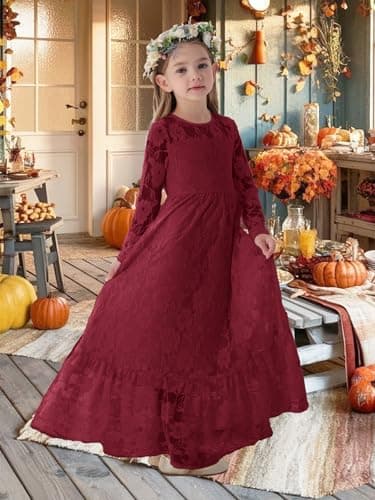 ALLOVIN Toddler & Girls Long Sleeve Lace Flower Girl Dress Maxi Boho A-Line Dress for Wedding Baptism 1st Communion | Burgundy | 3-4Y - Thumbnail 4