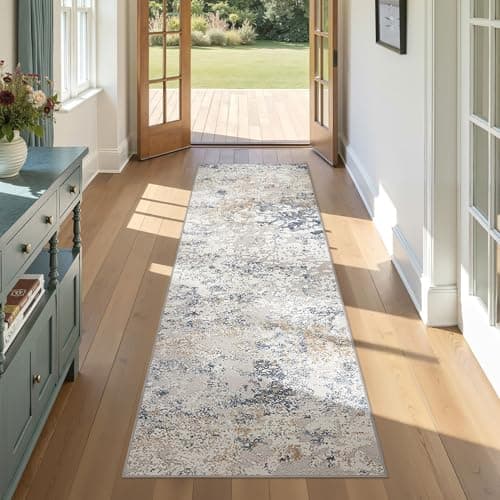 DMOYEST Washable Runner Rug for Hallway: 2x6 Neutral Modern Abstract Low Pile Area Rug with Non-Slip Backing - Carpet for Bedroom Kitchen Laundry Entryway Bathroom Indoor - Beige Blue