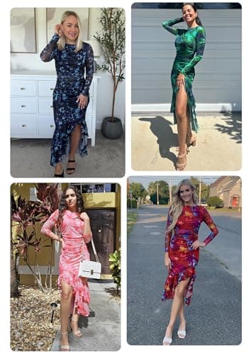 ECOWISH Women's Spring Wedding Guest Dress 2026 Long Sleeve Ruched Bodycon Floral Ruffle Cocktail Party Maxi Dresses Black Large - Thumbnail 6