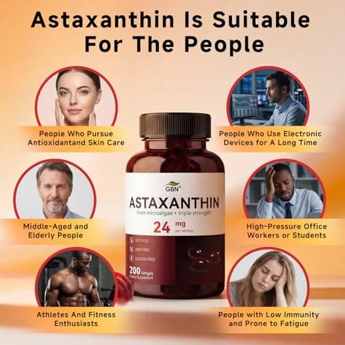 GBN Astaxanthin Supplements 24mg 200 Softgels, Supports Eye, Skin, Joint, Brain, Heart & Immune System Health, Stamina & Healthy Aging for Women & Men, Fresh Microalgae Source - Thumbnail 6