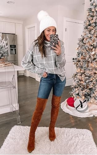 ECOWISH Women Fall Pullover Sweater Turtleneck Plaid Long Sleeve Loose Casual Chunky Checked Knit Winter Sweaters Jumper Tops 014gray S - Thumbnail 2