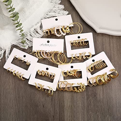 42 Pairs Gold Hoop Earrings Set for Women, Fashion Chunky Pearl Earrings Multipack Twisted Statement Earring Pack, Hypoallergenic Small Big Hoops Earrings for Birthday Party (Gold-42 pairs) - Thumbnail 6