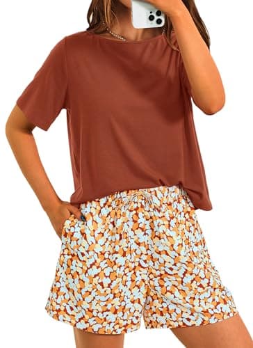 PRETTYGARDEN Women's Summer 2 Piece Outfits Lounge Sets Short Sleeve Tee Shirts Tops Blouses Pockets Printed Shorts Tracksuit (Brown,Small) - Image 1