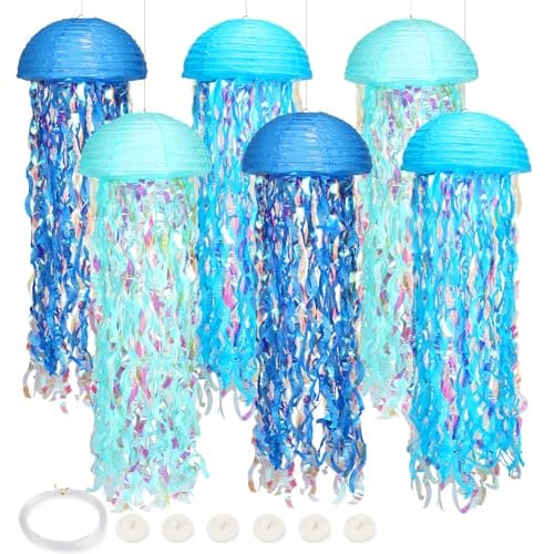 Under The Sea Party Decorations,Jellyfish Paper Lanterns with Hooks and Rope,10in Hanging Jelly Fish for Mermaid Birthday,Baby Shower,Ocean Themed Party,Ocean Theme Classroom,Beach Room Decor - Image 1