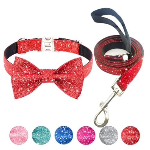 Jumpress Bling Bow Tie Dog Collar and Leash Set, Red Christmas Dog Collar with Bow and 5ft Leash for Medium Dogs, Cute Walking Boy and Girl Dogs Collar Set (Neck fit 13-19’’) - Image 1