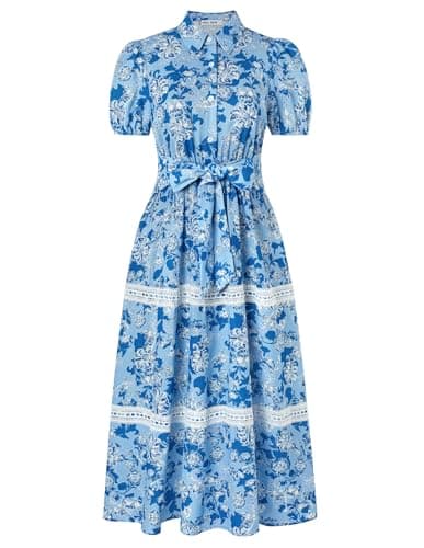 GRACE KARIN Women's 2026 Summer Floral Flowy Dresses Boho Tie Belt Short Puff Sleeve A Line Maxi Shirt Dress with Pocket Blue Floral Small - Image 1