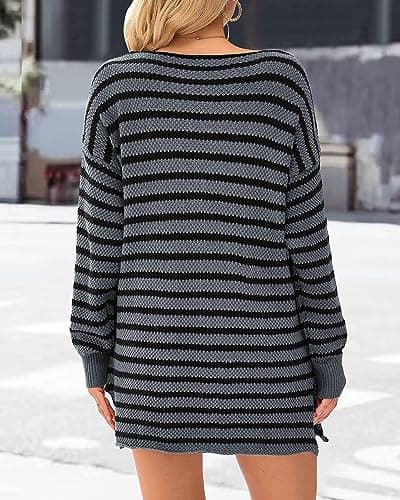 KIRUNDO Women's 2026 Fall Winter Oversized Long Sleeve Striped Sweater Casual Crewneck Side Split Pullover Knit Tops(Grey, Large) - Thumbnail 5