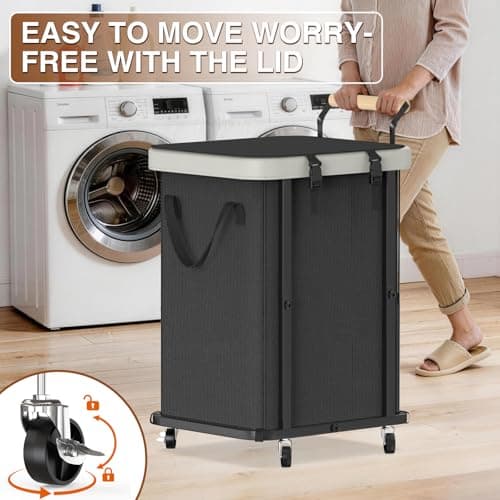 40 Gal (150L) Laundry Hamper with Lid,Leather Patchwork Laundry Baskets with Wheels and Handle,Dirty Clothes Hamper,Laundry Basket Organizer for Bedroom Aesthetic,Laundry Room,Dorm - Black Gray - Thumbnail 2