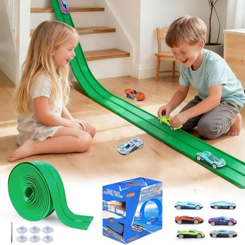 Flexible Race Track for Kids 15ft, FALDAA Toddler Car Tracks Compatible with Hot Wheels 1/64 Scale, Flextrack with 6 Cars and 6 Suction Cups, Portable Toy Car Ramp Sets for 3 Year Old+ - Image 1