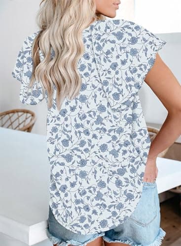 Dokotoo Womens Boho Floral V-Neck Short Sleeve Plus Size Chiffon Shirt XXL - Sky Blue - Thumbnail 3
