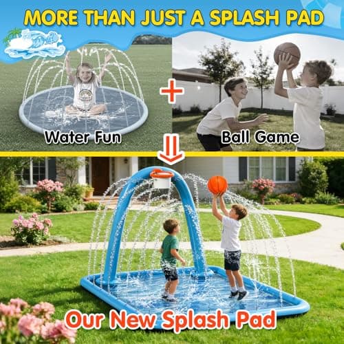 Instraella Splash Pad for Kids, 110 x 91'' Large 2-in-1 Sprinkler Mat with Basketball Hoop, Inflatable Splash Pad for Backyard Outdoor Water Play, Summer Water Toys for Boys and Girls - Thumbnail 2