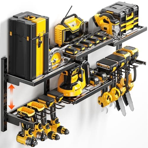 POKIPO Large Modular Power Tool Organizer Wall Mount With 6 Adjustable Shelf, Heavy Duty Iron Tool Storage Rack Loads 300lbs with 8 Cordless Tools Drill Holder,Battery Utility Rack for Garage Workshop