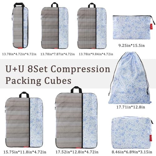 U+U 8 Set Compression Packing Cubes - Ultralight Travel Organizers with Laundry Bag and Cosmetic Bag, Space-Saving Suitcase Organizer for Travel, Business Trip and Family Vacation (Blue Flower) - Thumbnail 3