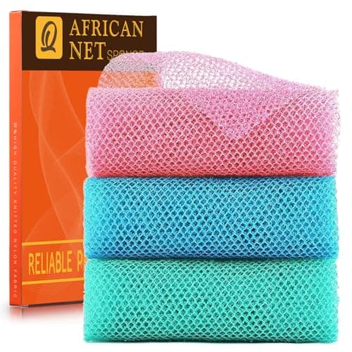 UJFQBH 3 Pieces African exfoliating net African Net Long Net Bath Sponge Exfoliating Shower Body Scrubber Back Scrubber Skin Smoother,Great for Daily Use (Pink, Blue, Green) - Image 1