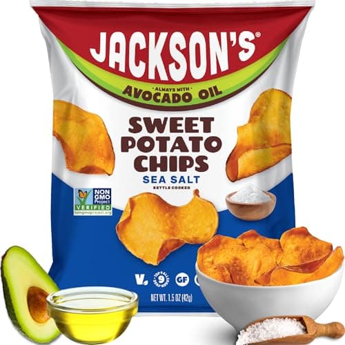 Jackson’s Sweet Potato Kettle Chips with Sea Salt made with Premium Avocado Oil (1.5 Ounce, Pack of 18) - Allergen-friendly, Gluten Free, Peanut Free, Vegan, Paleo Friendly - Shark Tank Product