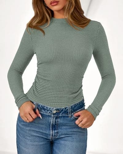 PRETTYGARDEN Womens Tops 2026 Spring Long Sleeve Fitted T Shirts Waffle Ruched Crop Shirt Basic Knit Workout Y2k Clothes(Sage Green,Large) - Thumbnail 6