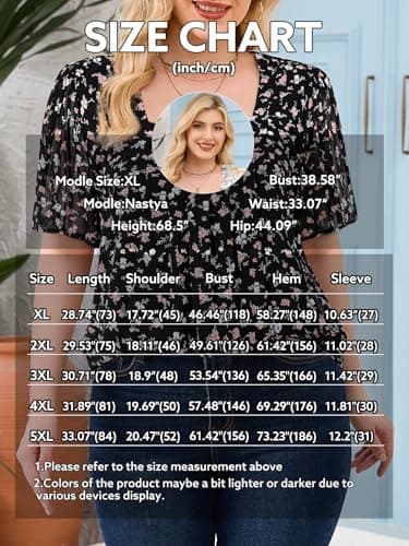 Amrto Plus Size Tops for Curvy Women, Womens Plus Size Tops Chiffon Square Neck Short Sleeve Flowy Casual Shirt Curvy Loose Fit Tunic Blouses Dressy Fashion 2025 Summer Blouses, Floral Black, XXXL - Thumbnail 6