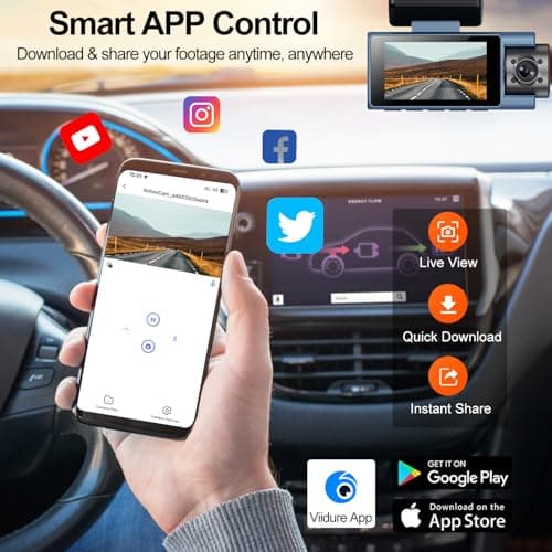 Dash Cam Front Rear Inside, 4K Full HD Dash Camera for Cars, Included 64GB Card, Built-in Wi-Fi, 3” IPS Screen, Night Vision, 170°Wide Angle,Loop Recording, APP Control (3Channel Dashcam+64G) - Thumbnail 3