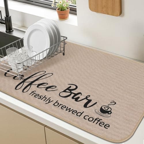 Findosom Dish Drying Mat, 12"x 20" Super Absorbent & Hide Stain Coffee Mat, Cuttable Drying Mat for Kitchen Counter, Coffee Bar Accessories, Under Dish Rack, Coffee Maker, Espresso Machine, Linen - Image 1