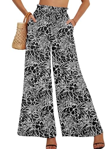 Heymoments Women's Wide Leg Dress Pants with Pockets White Flower Black Large Lightweight Elastic High Waisted Adjustable Tie Knot Flowy Casual Ladies Beach Pleated Trousers - Image 1