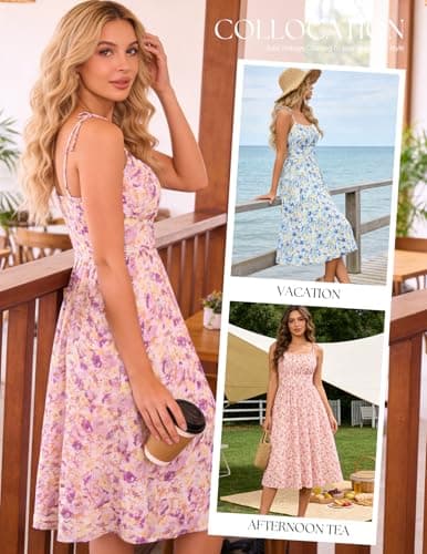 Belle Poque Purple Floral Dress for Women Spaghetti Strap Midi Sundress 2026 Summer Spring A line Casual Cute Dresses M - Thumbnail 4