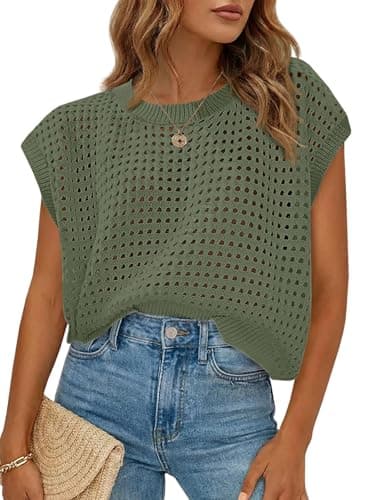 Saodimallsu Womens Crochet Sweaters Summer Cap Sleeve Knit Tops Lightweight Crewneck Beach Vacation Clothes Army Green - Image 1