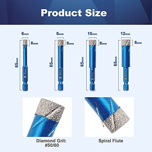 BRSCHNITT 5pcs/Pack Diamond Hole Saw Drill Bit Set, 1/4 5/16 3/8 1/2 Inch for Porcelain Tile Ceramic Stone Granite Marble, Hex Shank Dry Drilling, 6/8/10/12mm - Thumbnail 2