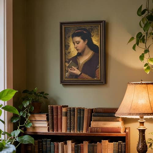 DAJONART Vintage Gold Framed Canvas Book Wall Art,Woman Reading Printed Oil Painting Wall Art, 8 x12 Rustic Gold Framed Canvas Books Posters,Feminist Portrait for Library Bedroom Decor, Gift for Book Lovers - Thumbnail 4