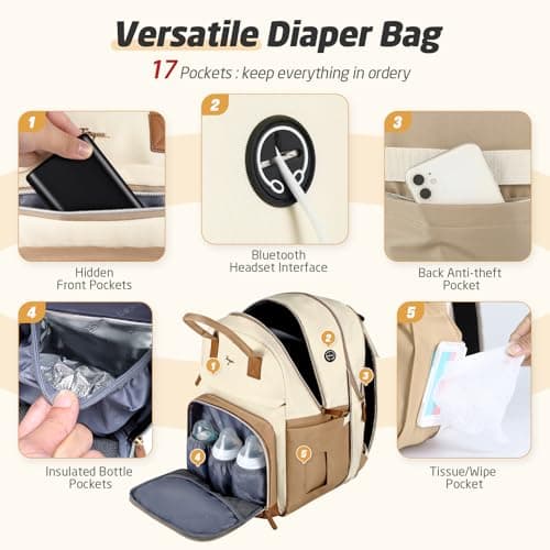 Tonyeee Diaper Bag Backpack - Extra Large Diaper Bag for 2 Kids Twin, Travel Baby Bags for Mom Dad 25-37L Expandable with Changing Pad Earphone Hole, Apricot Beige - Thumbnail 4