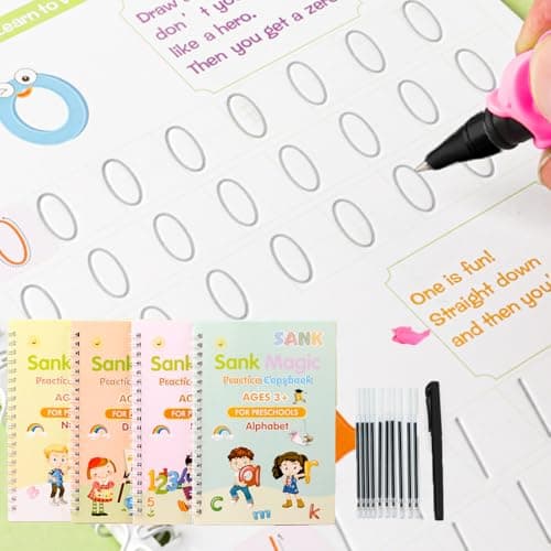 Magical Handwriting Workbooks Handwriting Practice Magic Copybook, Handwriting Aid Magic Pen Reusable Copybook Grooves Template Design for Children(4 Books, 10 Pens & 1 Pencil Grip)