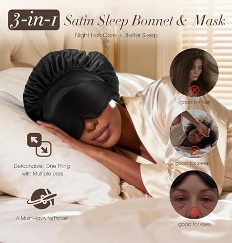 Satin Silk Bonnet for Sleeping Women Men, LC-dolida 2-in-1 Adjustable Hair Bonnet for Curly & Natural with Sleep Mask, Reduce Frizz, Lock in Moisture, Prevent Breakage and Tangles,for Skin Care,Travel - Thumbnail 2