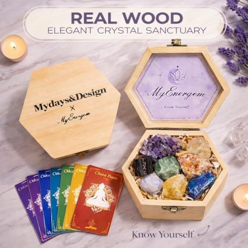 MYDAYS&DESIGN 7 Chakra Healing Crystals Set for Meditation Yoga Reiki, Amethyst Cluster, Lapis Lazuli, Opal, Green Aventurine, Citrine, Sunstone, Black Tourmaline with Wooden Gift Box and Guidebook - Thumbnail 3