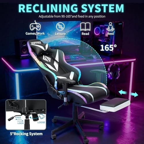 Led Gaming Chair with Speakers Massage 165° Reclining Computer Chairs-White - Thumbnail 6