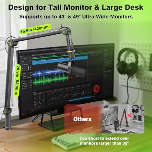 AA AUDIO ACCESSORY Never-Sag Mic Boom Arm (Design for Heavy Mic) Extra-Long 950mm Reach, 6.6lbs Load Capacity, Gear-Lock Suspension Microphone Stand Desk Mount for Shure SM7B SM7dB MV7 Blue Yeti Rode - Thumbnail 4