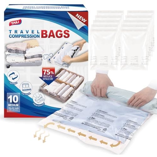 TAILI 10 Pack Travel Compression Bags, Roll Up Space Saver Bags (23.6x15.7 inch),Hand Roll Packing Bags for Luggage, Suitcase, Backpack, No Tools or Vacuum Needed, Travel Accessories, Cream - Image 1