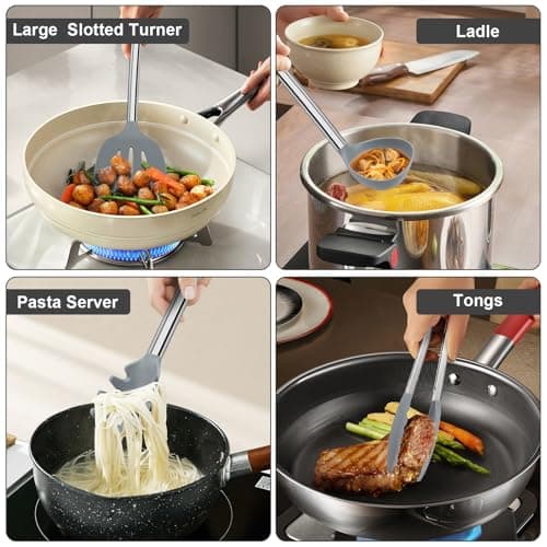8 PCS Cooking Utensils Set, Vayvnt Silicone Kitchen Spatula Set for Cooking, Non Toxic Silicone Kitchen Utensils with Stainless Steel Long Handle, Spoon and Tong, Heat Resistant&Dishwasher Safe, Gray - Thumbnail 6